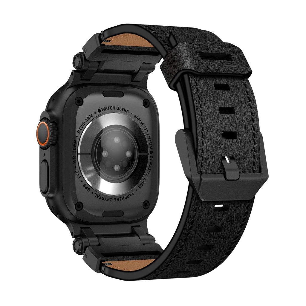 Bracelet noir en cuir et acier pour Apple Watch Ultra, boucle ardillon, finition mate.