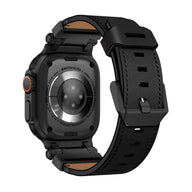 Bracelet noir en cuir et acier pour Apple Watch Ultra, boucle ardillon, finition mate.