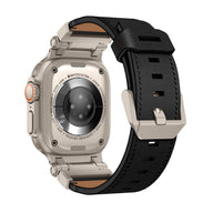 Bracelet pour Apple Watch Ultra en cuir noir avec boucle argentée ajustable, style élégant et technique.
