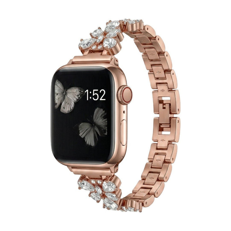 Bracelet élégant pour Apple Watch, maille moderne en acier inoxydable avec motif papillon et cristaux zircon lumineux, modèle Parina