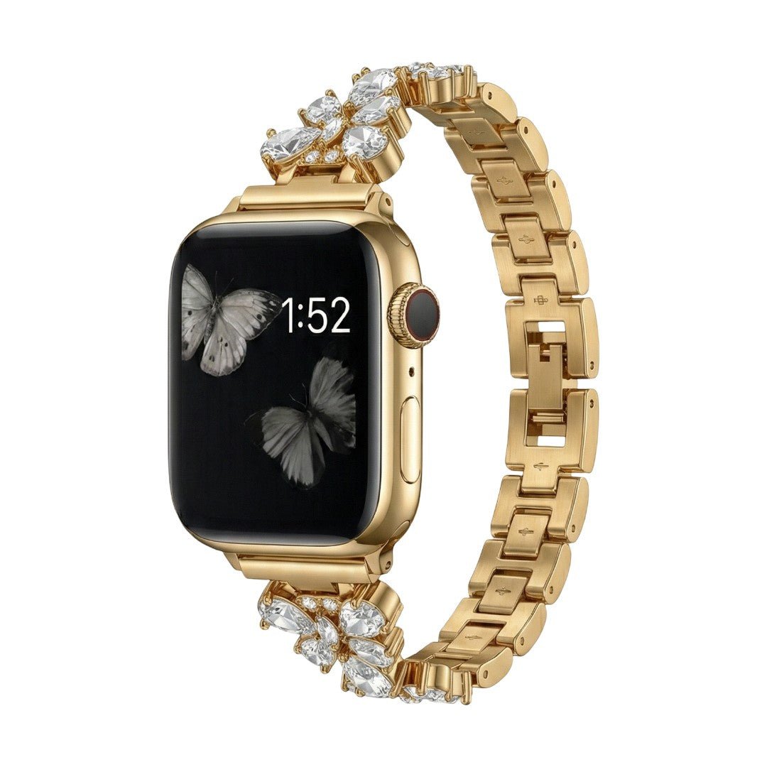 Bracelet élégant pour Apple Watch, maille moderne en acier inoxydable avec motif papillon et cristaux zircon lumineux, modèle Parina