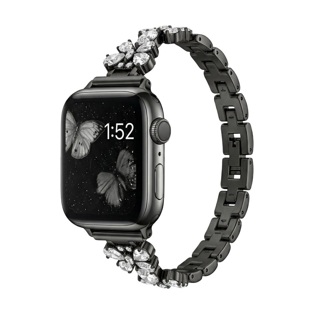 Bracelet élégant pour Apple Watch, maille moderne en acier inoxydable avec motif papillon et cristaux zircon lumineux, modèle Parina