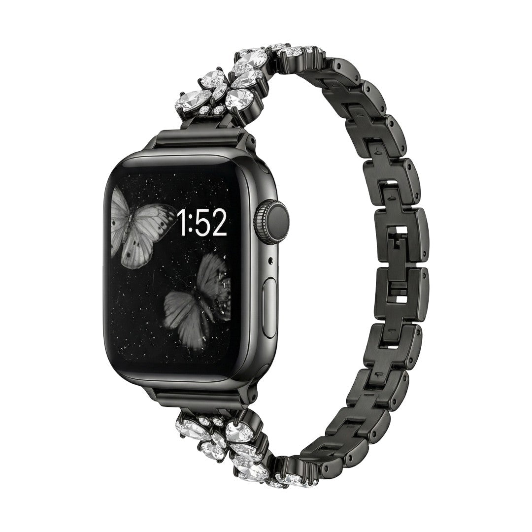 Bracelet élégant pour Apple Watch, maille moderne en acier inoxydable avec motif papillon et cristaux zircon lumineux, modèle Parina