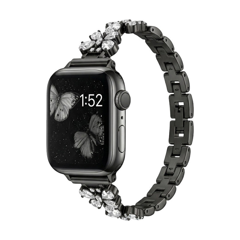 Bracelet élégant pour Apple Watch, maille moderne en acier inoxydable avec motif papillon et cristaux zircon lumineux, modèle Parina