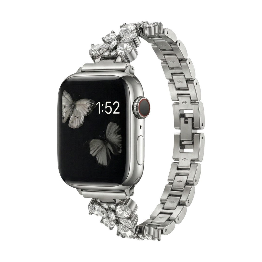 Bracelet élégant pour Apple Watch, maille moderne en acier inoxydable avec motif papillon et cristaux zircon lumineux, modèle Parina