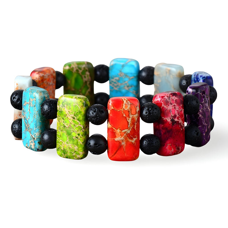 Bracelet multicolore à 8 pierres naturelles rectangulaires sur corde noire extensible.