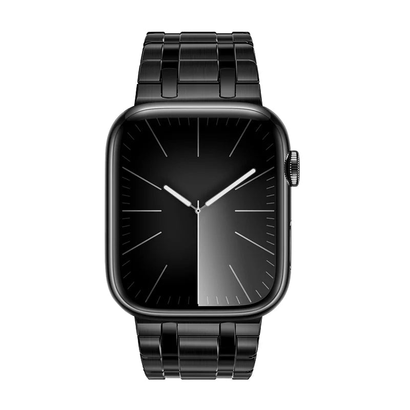 Bracelet magnétique en acier noir élégant pour Apple Watch, ajustable, mailles larges raffinées.