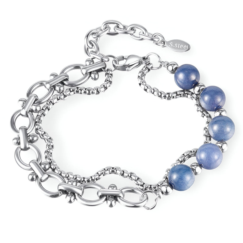 Bracelet homme en acier inoxydable argenté avec perles d’aventurine bleu et double chaîne raffinée.