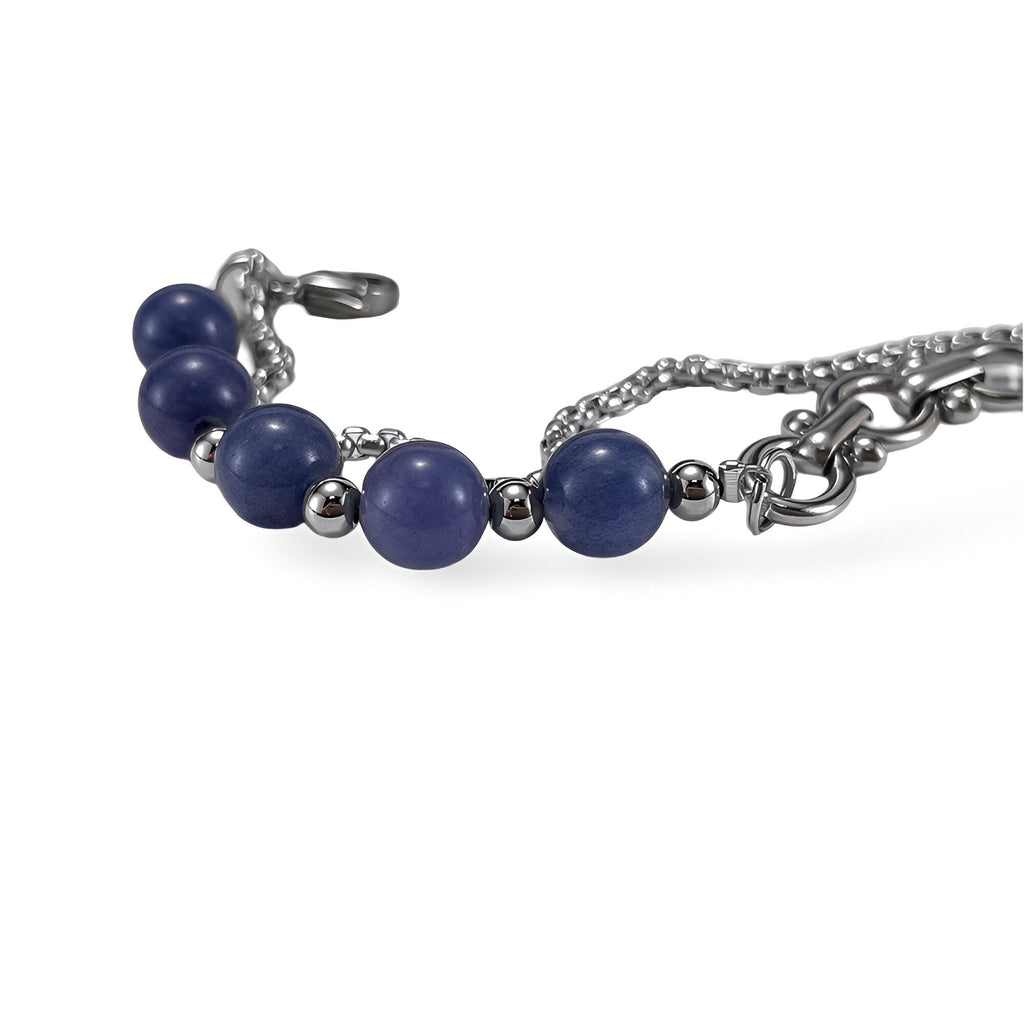 Bracelet homme en acier inoxydable avec perles rondes d'aventurine bleu profond et maillons argentés raffinés.