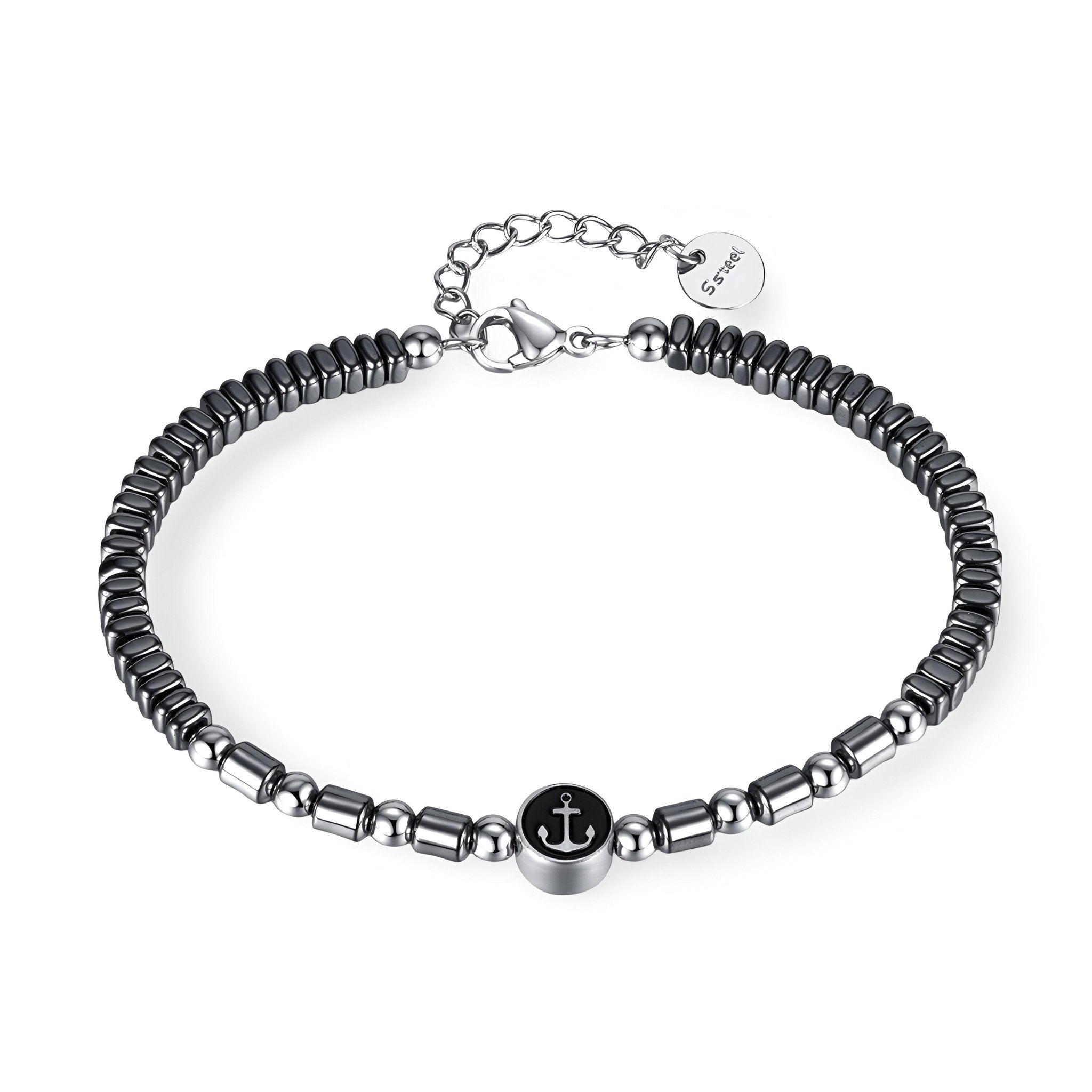 Bracelet en acier inoxydable et hématites noires pour homme, charm ancre, modèle Jeff - La Boutique du Bracelet