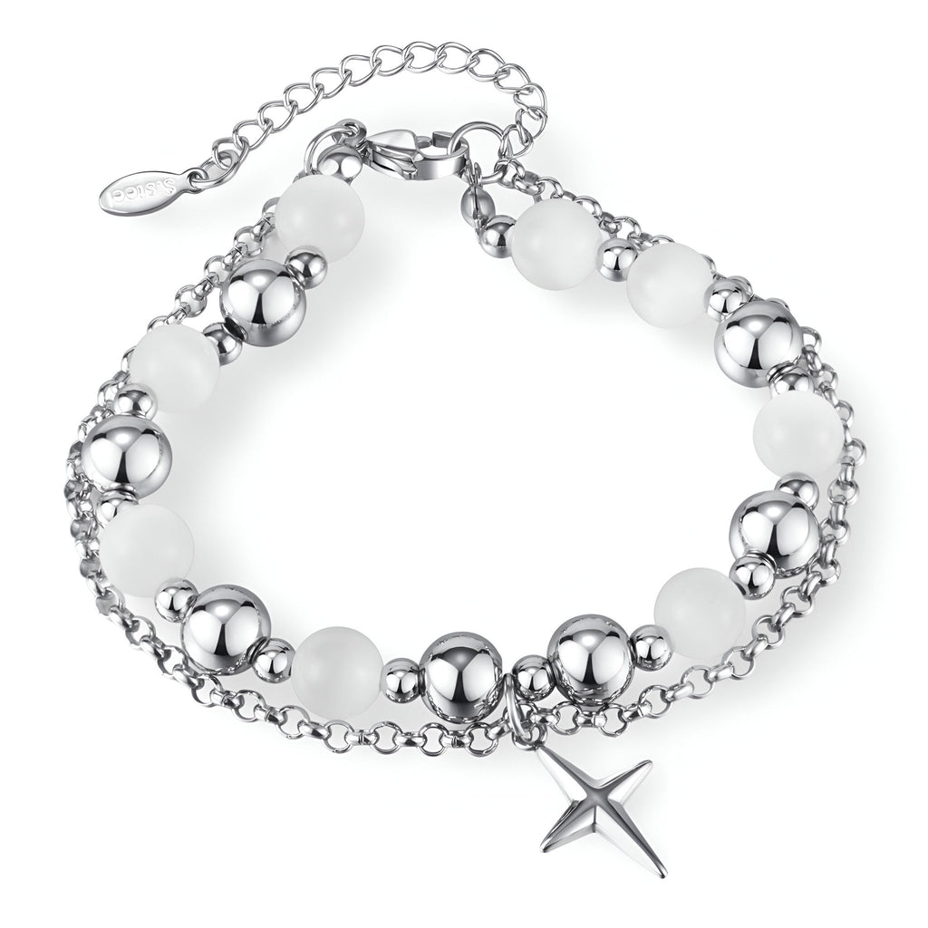 Bracelet homme en acier inoxydable argenté avec perles d'œil de chat blanches et pendentif étoile.