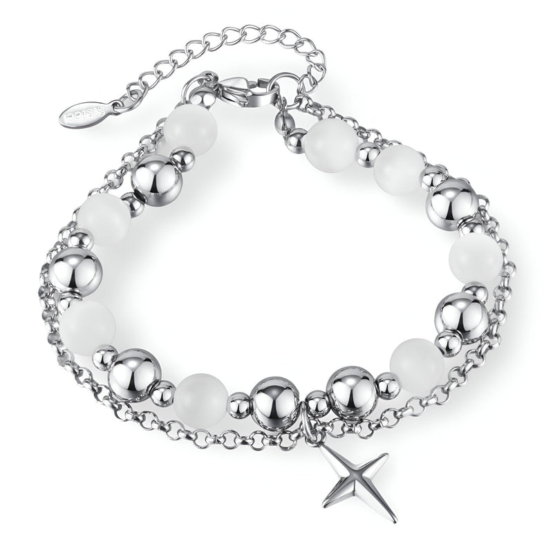 Bracelet homme en acier inoxydable argenté avec perles d'œil de chat blanches et pendentif étoile.