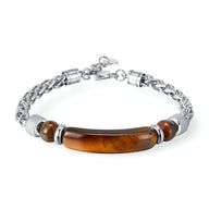 Bracelet homme en acier inoxydable argenté avec pierre d'oeil de tigre ovale marron.