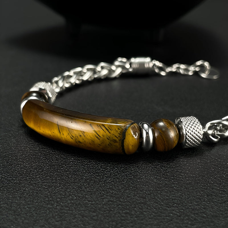 Bracelet homme acier inoxydable argenté avec pierre œil de tigre allongée marron.