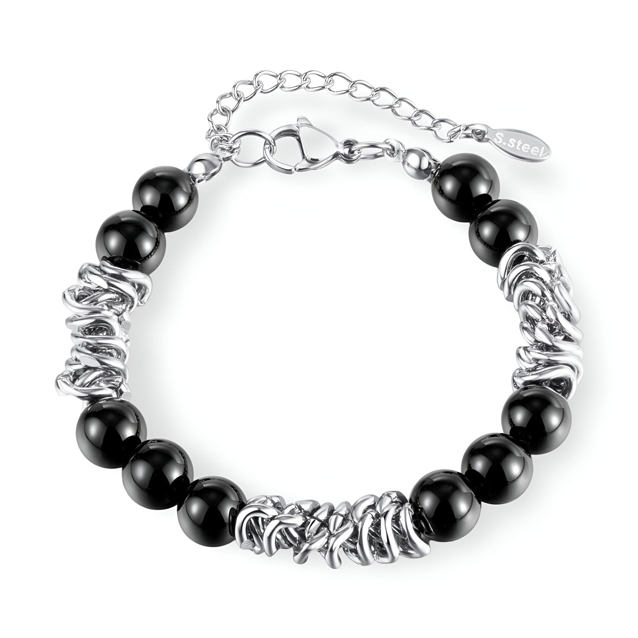 Bracelet en acier inoxydable et pierres d'agate noires pour homme, modèle John - La Boutique du Bracelet