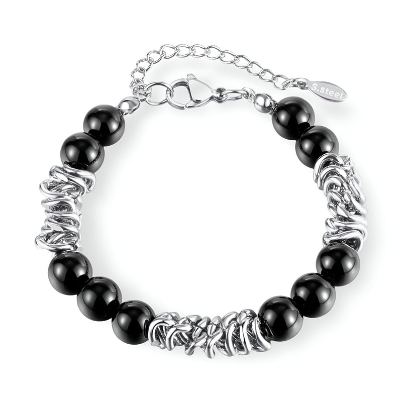 Bracelet homme en acier inoxydable argenté avec perles rondes en agate noire et anneaux décoratifs argentés.