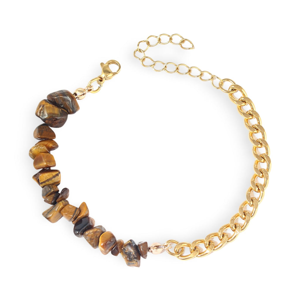 Bracelet femme en acier doré avec pierres naturelles d'œil de tigre en chips irréguliers.