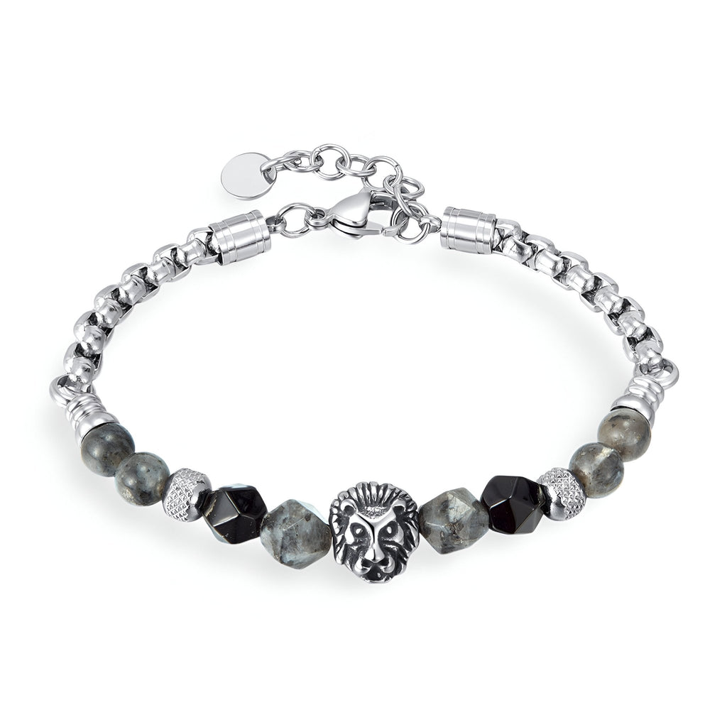 Bracelet homme en acier inoxydable avec perles naturelles grises et tête de lion argentée centrale.