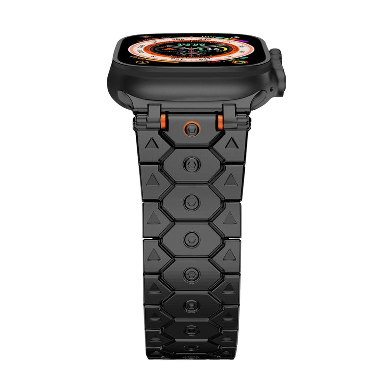 Bracelet Apple Watch noir incassable en acier inoxydable avec accents orange, motif hexagonal texturé.