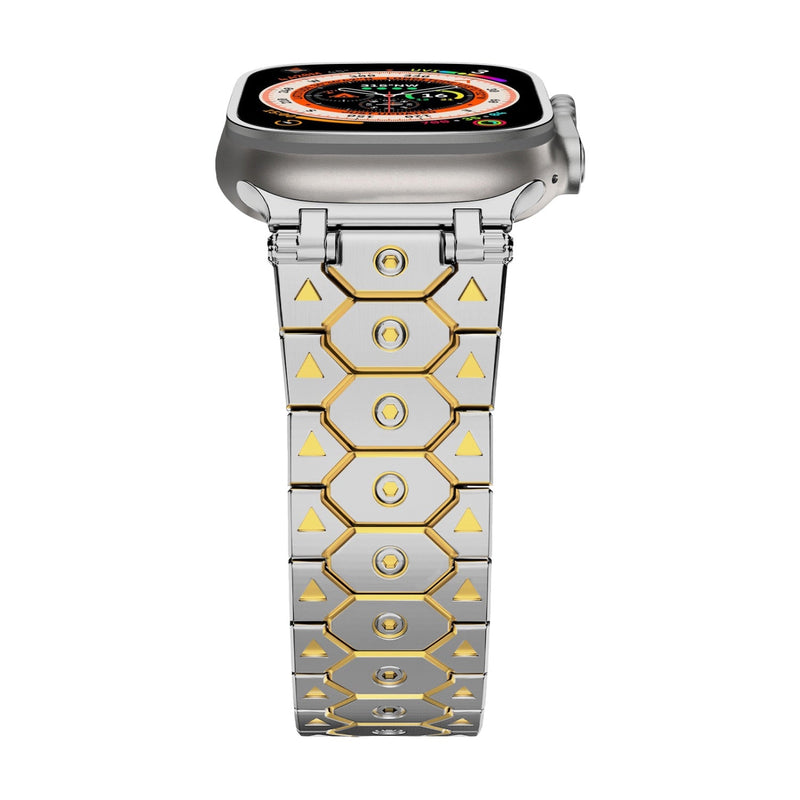 Bracelet argent en acier inoxydable avec détails dorés, style maillons géométriques, pour Apple Watch.