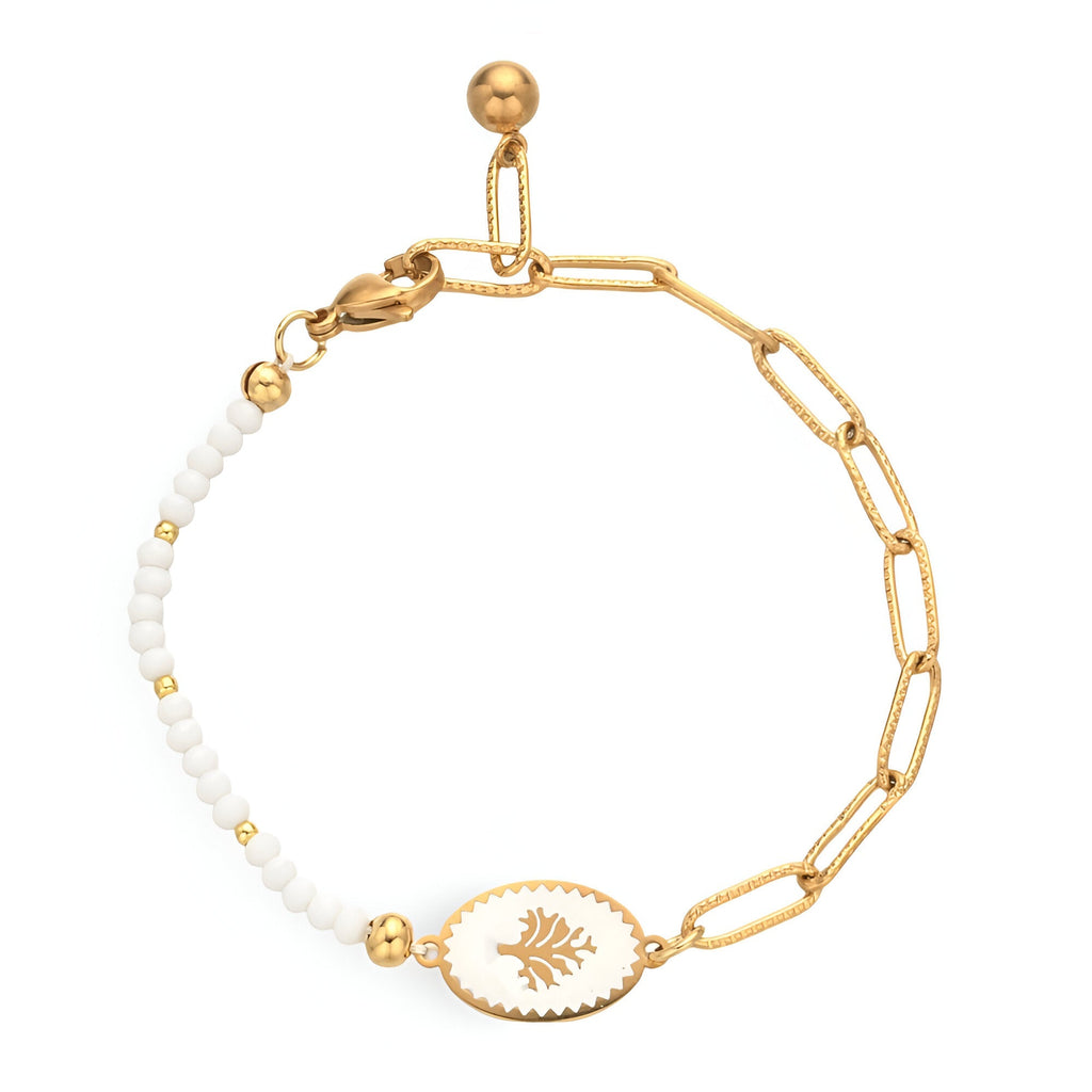 Bracelet femme acier inoxydable doré avec perles blanches et pendentif ovale arbre de vie doré.