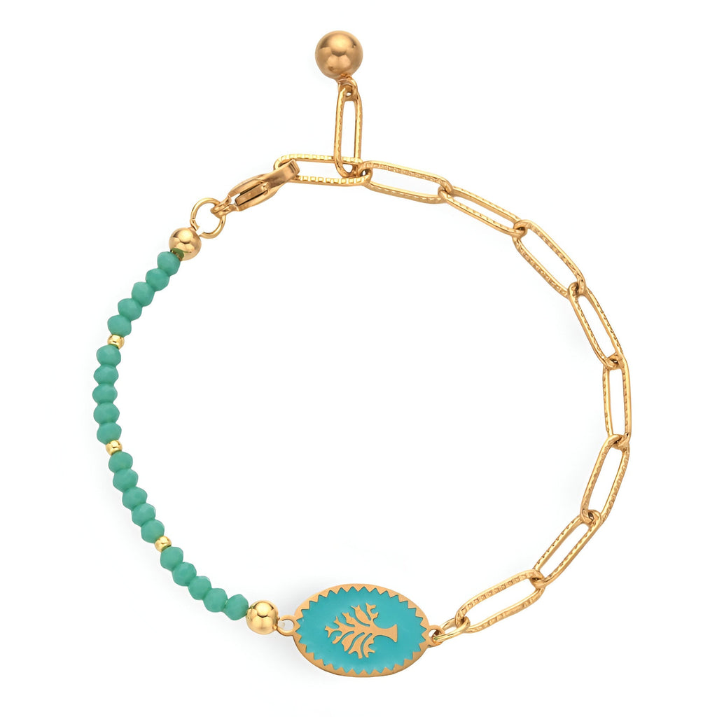 Bracelet femme acier doré chaîne et perles turquoise avec pendentif arbre de vie bleu turquoise.