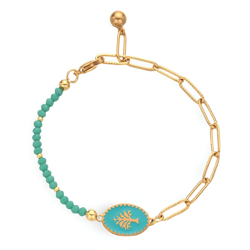 Bracelet femme acier doré chaîne et perles turquoise avec pendentif arbre de vie bleu turquoise.