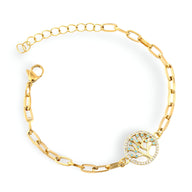 Bracelet chaîne fine en acier doré or rose avec pendentif arbre de vie orné de pierres blanches.