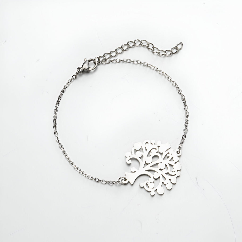 Bracelet femme en acier inoxydable argenté avec pendentif arbre de vie délicat, modèle Ranya.