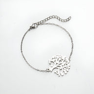 Bracelet femme en acier inoxydable argenté avec pendentif arbre de vie délicat, modèle Ranya.