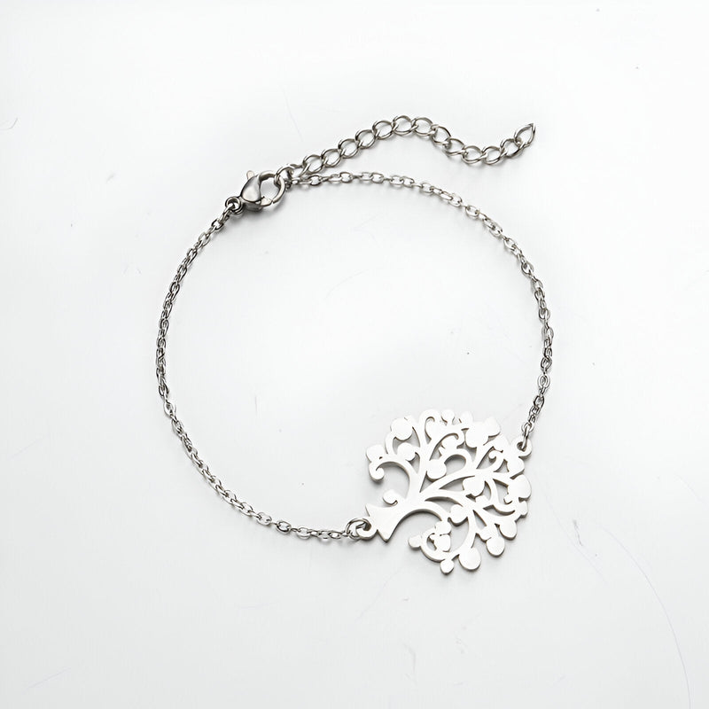 Bracelet femme en acier inoxydable argenté avec pendentif arbre de vie délicat, modèle Ranya.