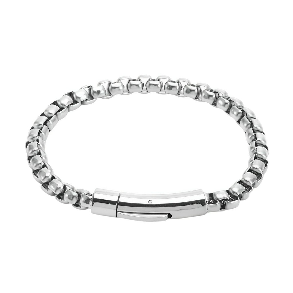 Bracelet homme en acier inoxydable argenté avec maille rolo épaisse et fermoir sécurisé brillant.