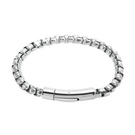 Bracelet homme en acier inoxydable argenté avec maille rolo épaisse et fermoir sécurisé brillant.