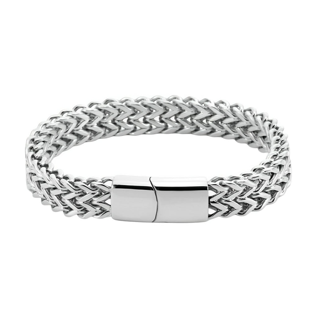 Bracelet homme en acier inoxydable argenté, maille spiga, fermoir magnétique lisse, style moderne.
