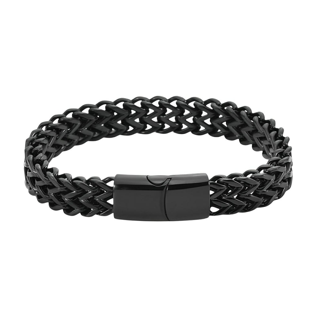 Bracelet homme en acier inoxydable noir, maille spiga tressée, fermoir magnétique noir mat.