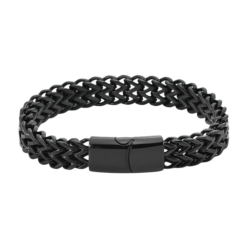 Bracelet homme en acier inoxydable noir, maille spiga tressée, fermoir magnétique noir mat.
