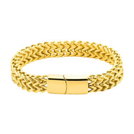 Bracelet homme en acier inoxydable doré, maille spiga tressée, fermoir élégant et moderne.