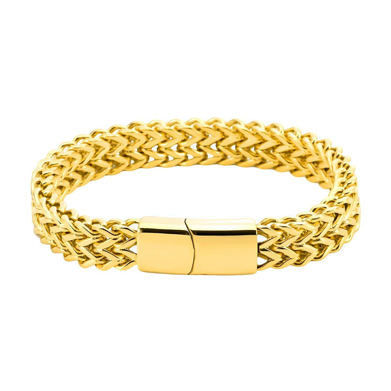Bracelet homme en acier inoxydable doré, maille spiga tressée, fermoir élégant et moderne.