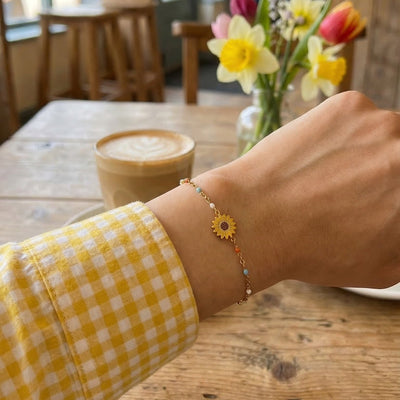 925 Sterling Silver Bracelet, Enameled Sunflower Charm, Colorful Beaded Chain, for Women, Fianna Model