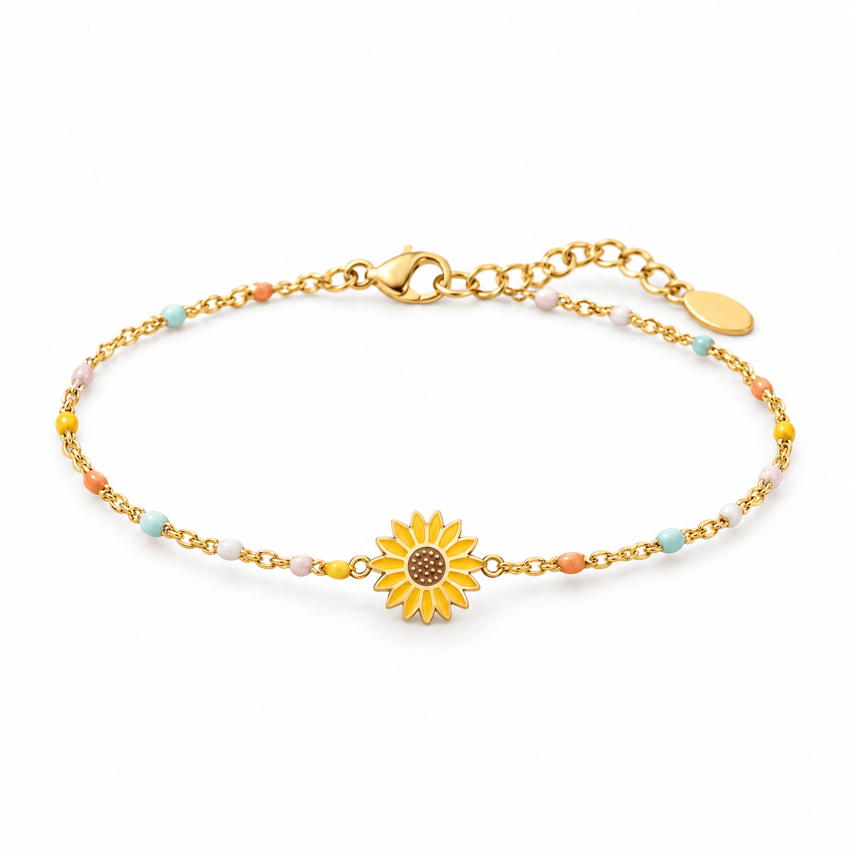 Bracelet Fianna doré à tournesol et perles colorées, posé de face sur fond blanc