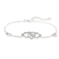 Bracelet en argent sterling fin avec charm infini et cœur entrelacé au centre.