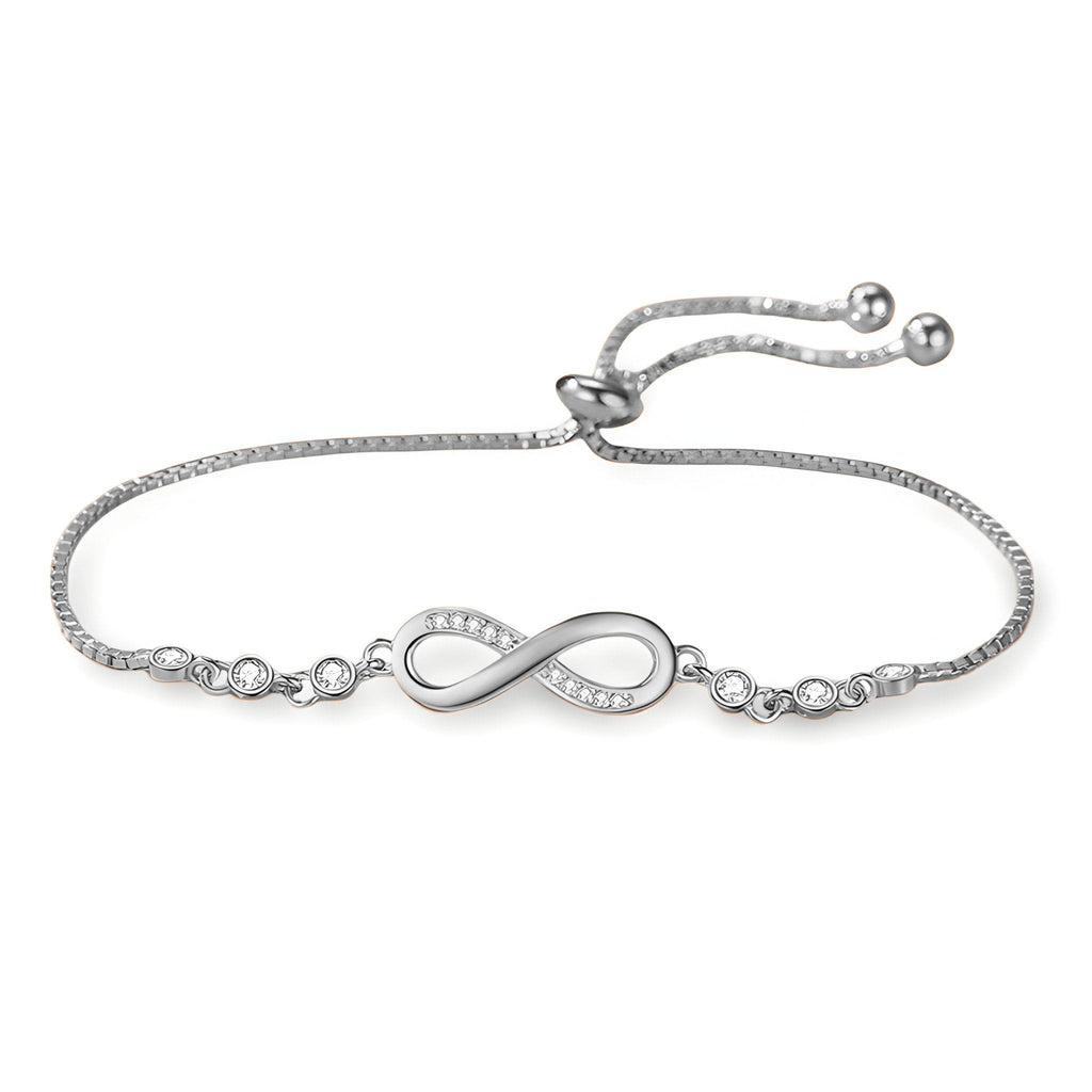 Bracelet en argent sterling avec charm infini et chaîne fine ajustable, finition brillante.