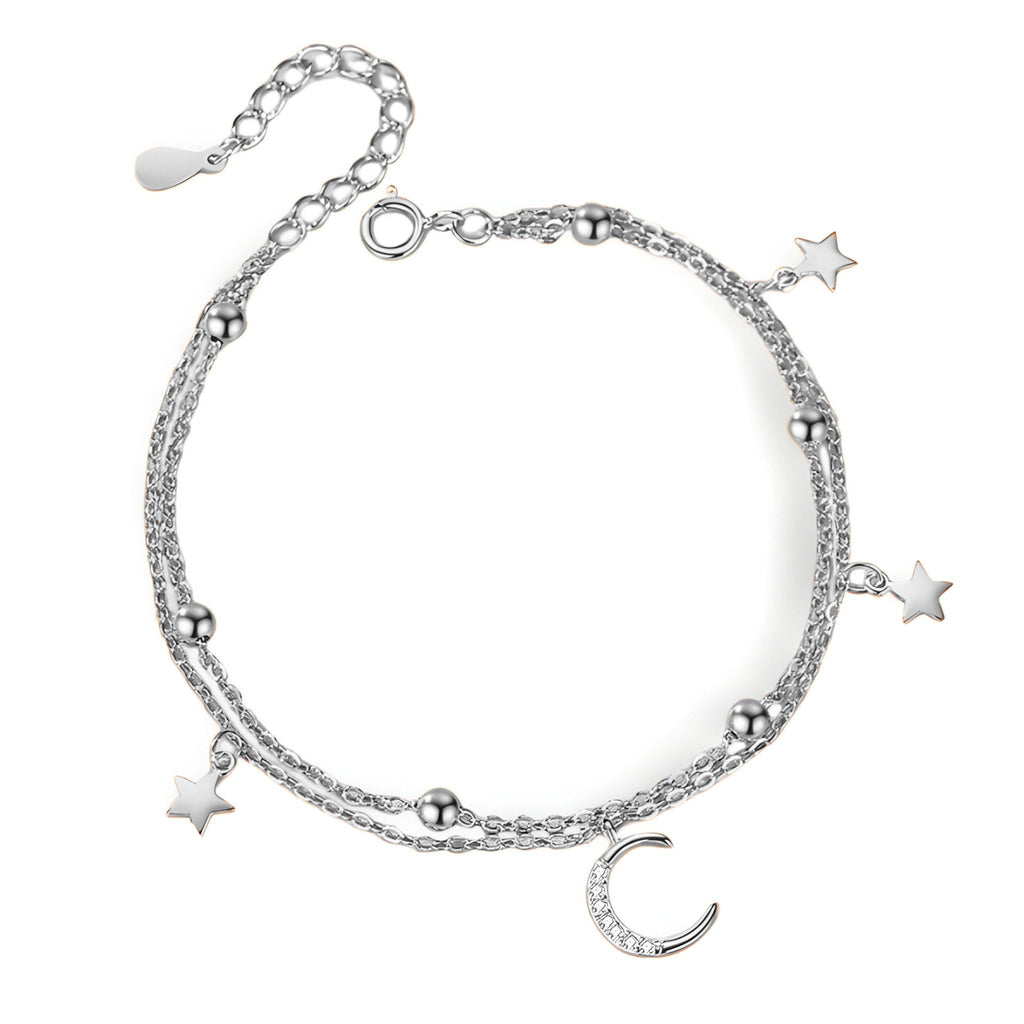 Bracelet en argent sterling avec pendentifs lune et étoiles scintillantes, chaîne fine double.
