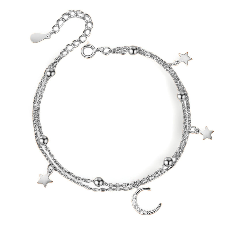Bracelet en argent sterling avec pendentifs lune et étoiles scintillantes, chaîne fine double.