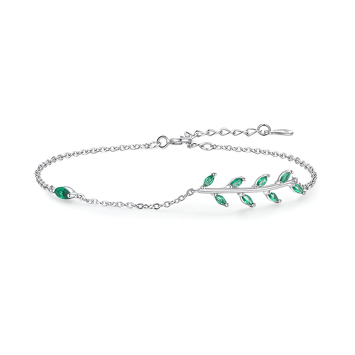 Bracelet en argent sterling avec motif feuille et pierres vertes, chaîne fine ajustable.