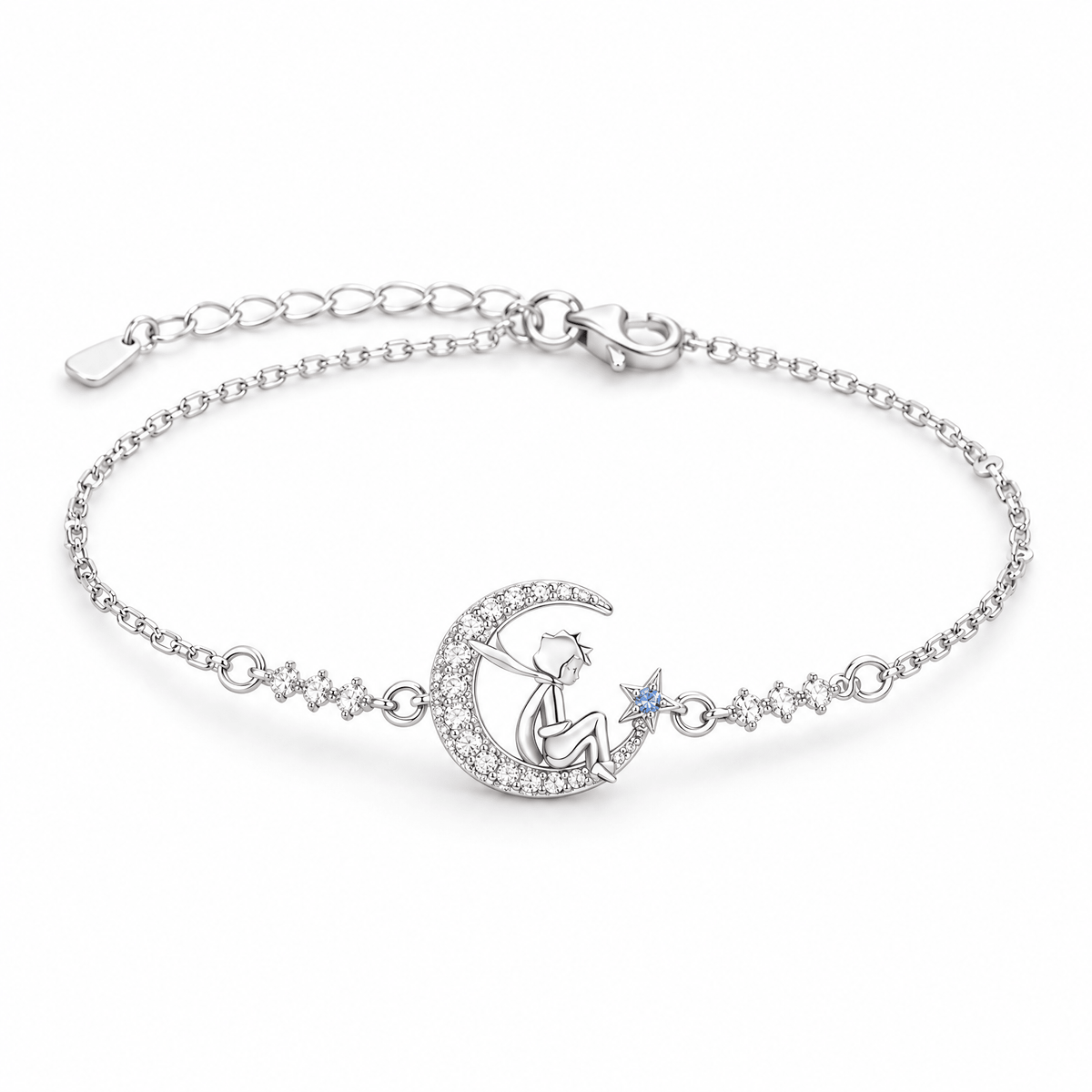 Bracelet Isabeau argent Petit Prince et étoile bleue, posé de face sur fond blanc