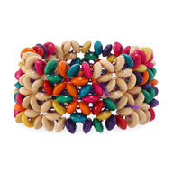 Bracelet en bois beige avec perles colorées en forme de fleurs, style bohème femme.