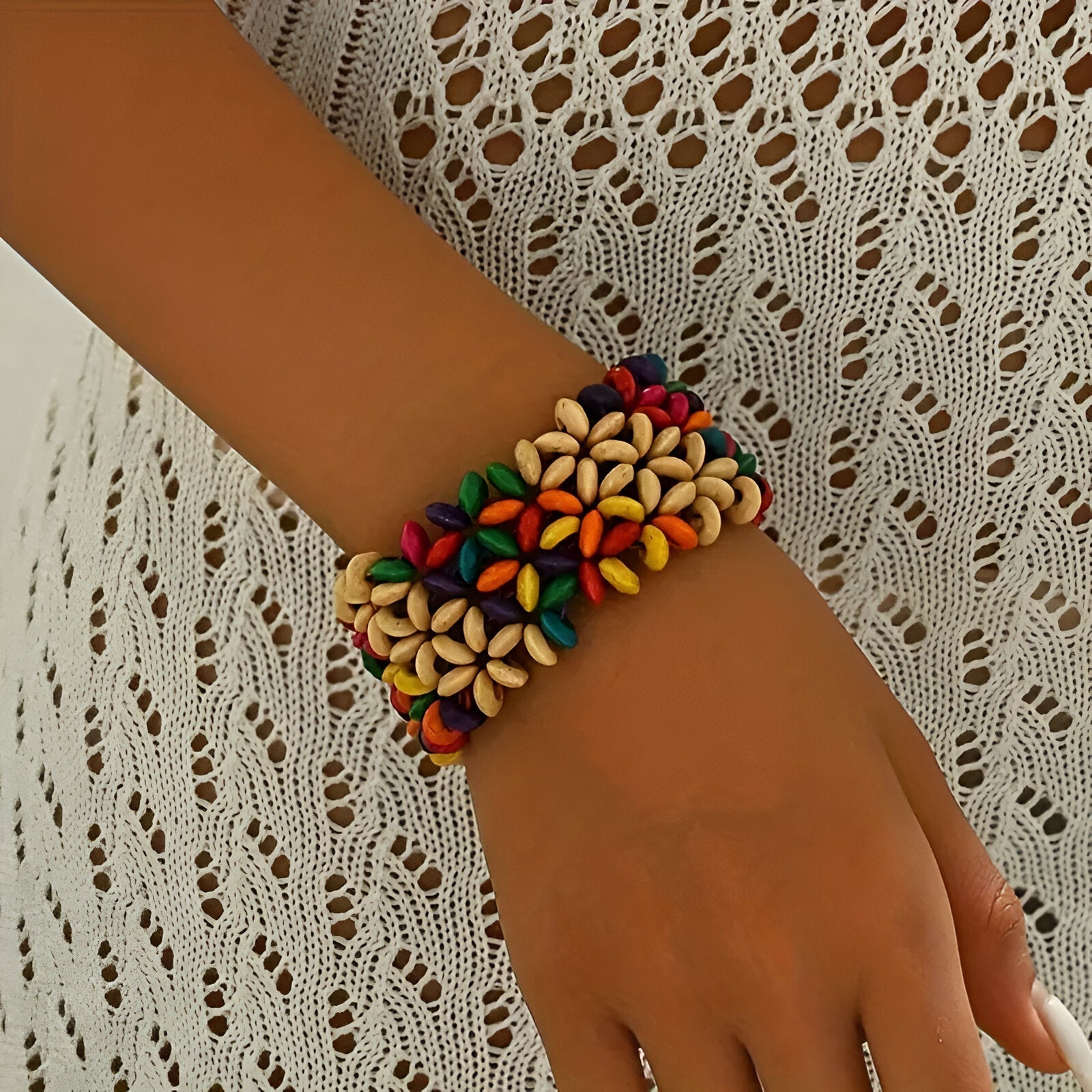 Bracelet en bois coloré, à motif fleuris, pour femme, modèle Jonyssa - La Boutique du Bracelet