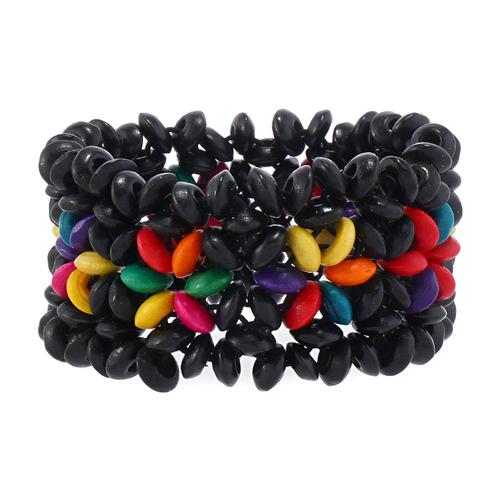 Bracelet en bois noir avec perles colorées rouge, jaune, vert, violet et orange, motif fleuri.
