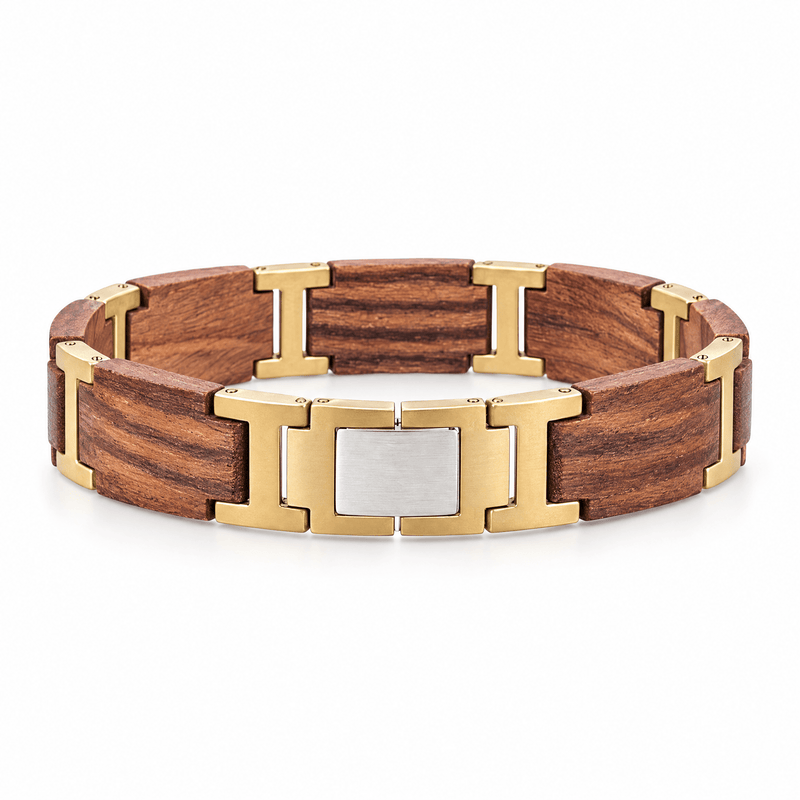 Packshot studio bracelet Augustin Marron et or, vue de face sur fond blanc — 8 octobre 2026